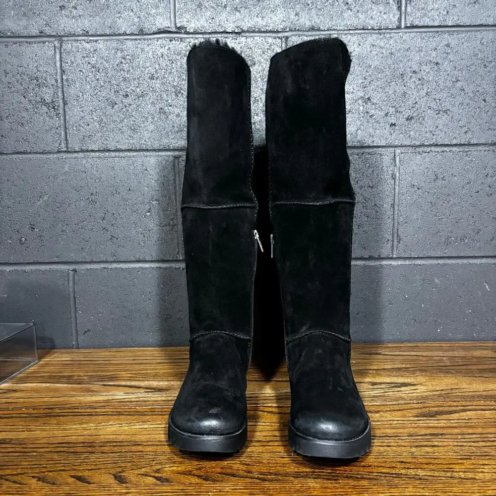 Bionica Black Suede Shearling Knee High Lug Sole Winter Boots Women’s 7.5